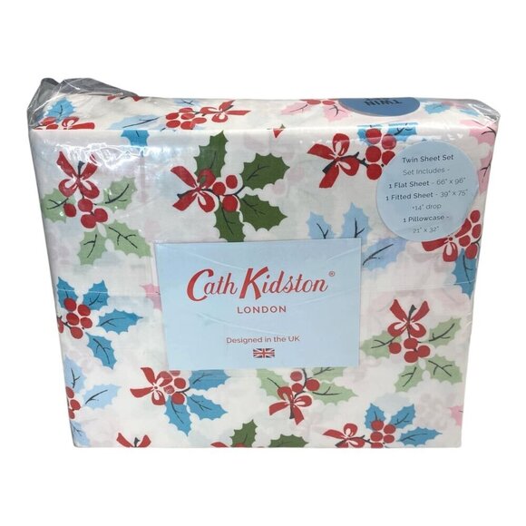 Cath Kidston London Christmas Holly Twin Sheet Set 3pc Cotton Holiday Bedroom - Picture 1 of 3